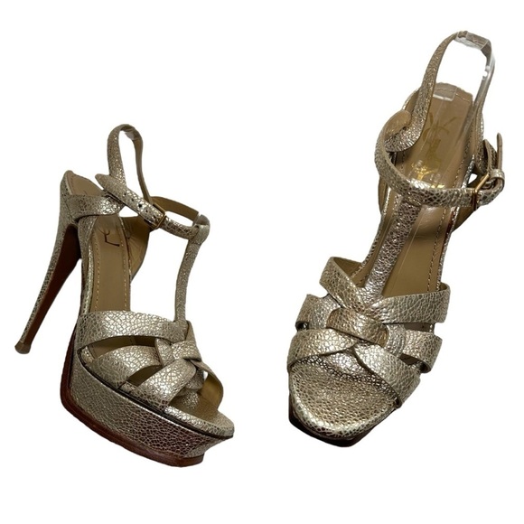 Saint Laurent Tribute High-Heel Leather Sandal in Metallic Gold size 40US 10